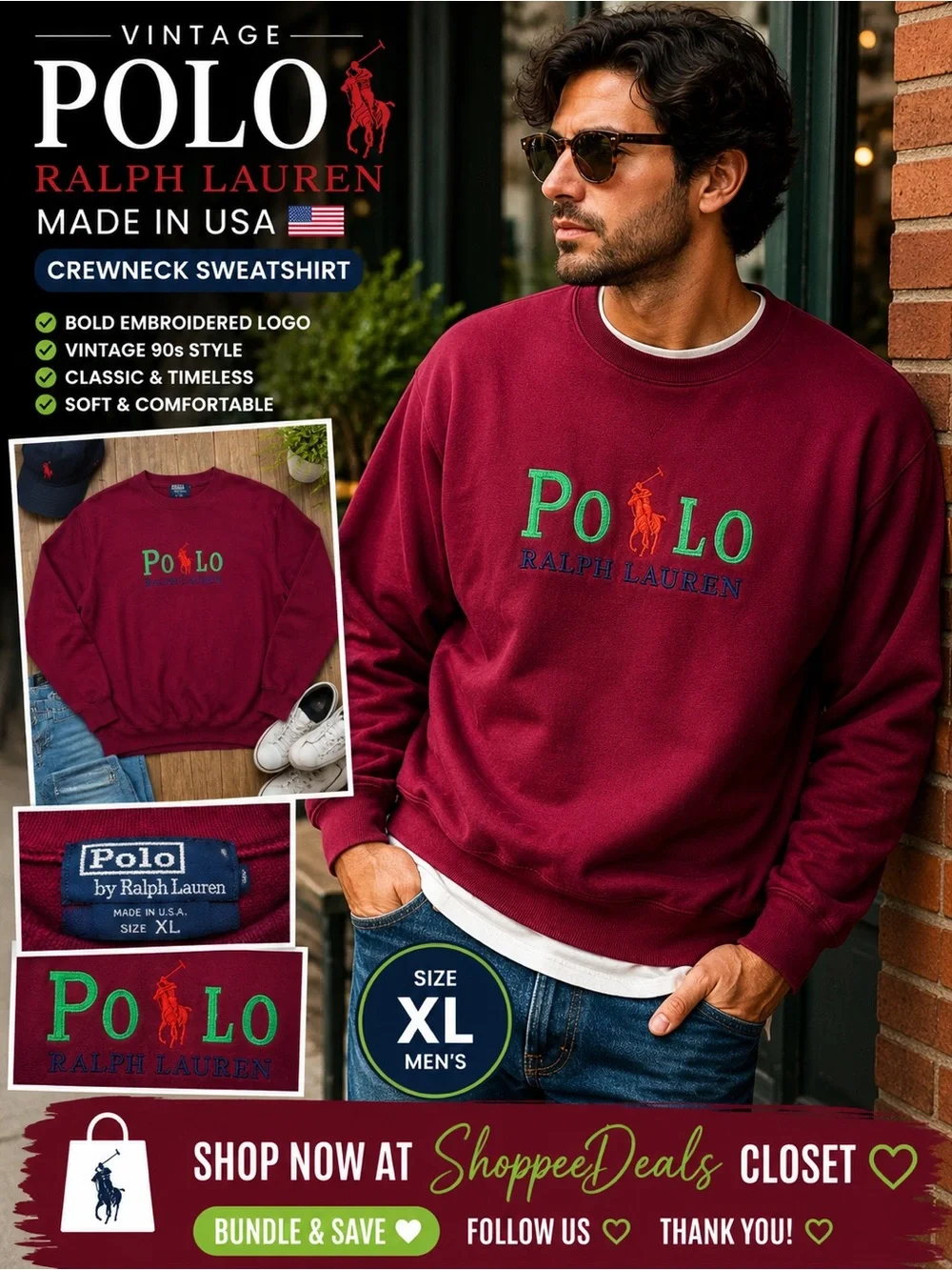 Vintage Polo Ralph Lauren USA Big Logo Crewneck Sweatshirt – Men’s XL – Burgundy